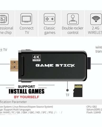 64Gb 4K Retro Game Stick + 2 Wireless Gamepads & 10 000+ Pre-Installed Games-1915198063752908807