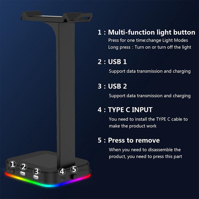 Rgb Gaming Headset Stand With Dual Usb - Black-1915196703061970946