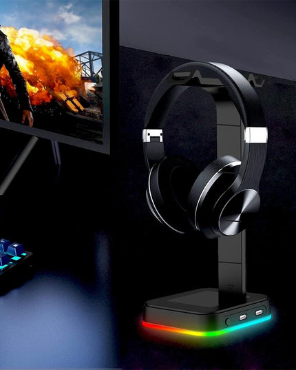 Rgb Gaming Headset Stand With Dual Usb - Black-1915196703061970949