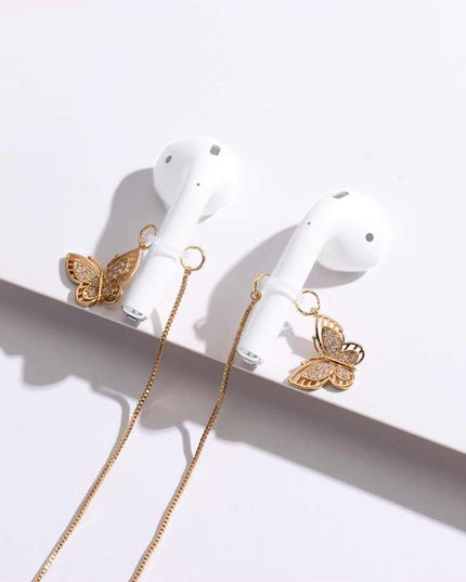 Wireless Earphone Anti-Lost Chain With Zircon Butterfly Necklace - Golden-1915196893667921922