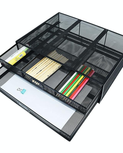 Double Iron Desktop Stand With Drawer For Height Increase And Storage - Black-1915196862160310276