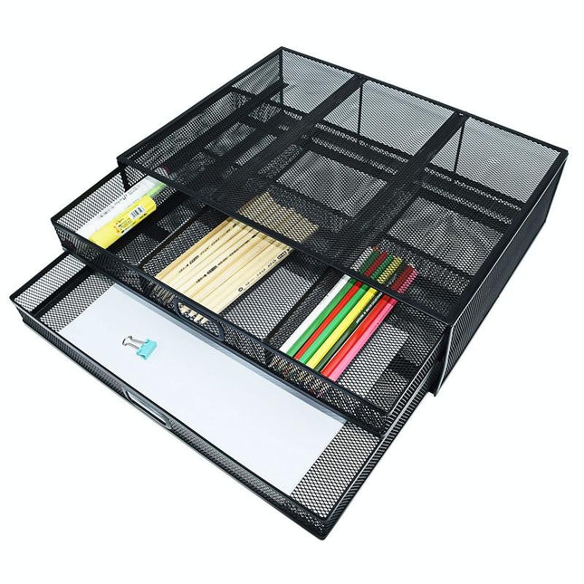 Double Iron Desktop Stand With Drawer For Height Increase And Storage - Black-1915196862160310276