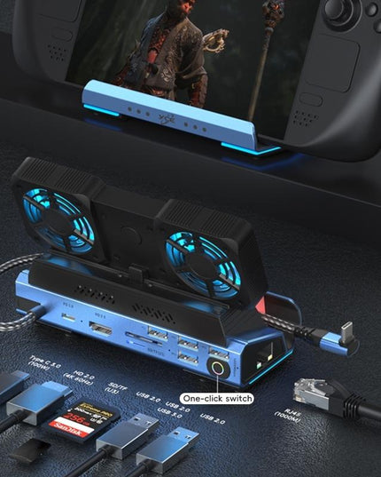 9-In-1 Usb-C Gaming Dock With Detachable Fan - Blue / Black-1922443402268512257