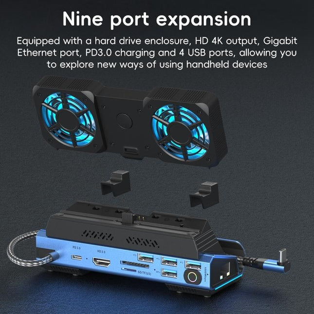 9-In-1 Usb-C Gaming Dock With Detachable Fan - Blue / Black-1922443402268512258