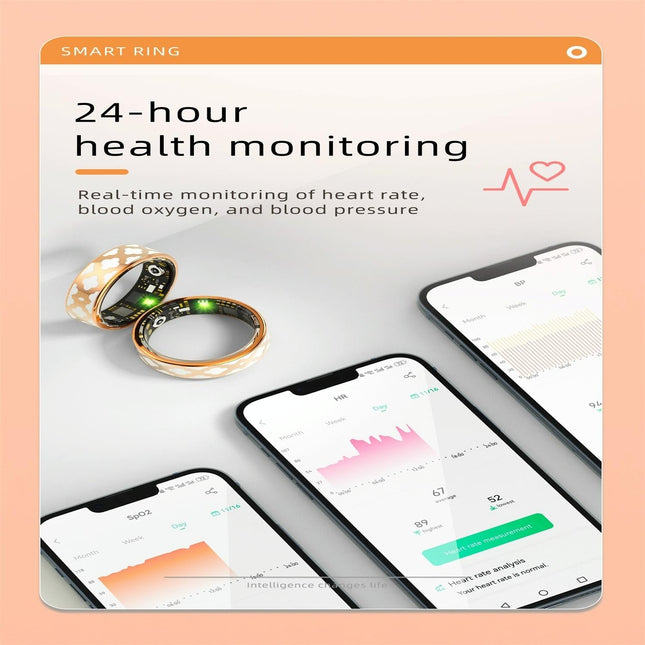 Smart Ring With Heart Rate Blood Oxygen Sleep Monitoring - Multiple Sports Modes - Rose Gold Size 12-1943465054917758983