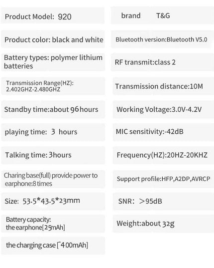 Clear Hi-Fi Sound T & G Tg920 Tws Touch Control Wireless Earbud 5.0-1915197510595514376