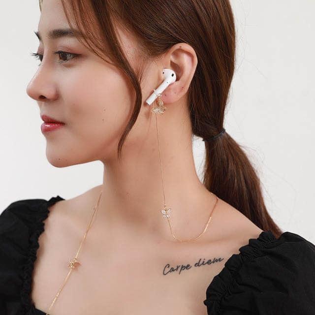 Wireless Earphone Anti-Lost Chain With Zircon Butterfly Necklace - Golden-1915196893667921923