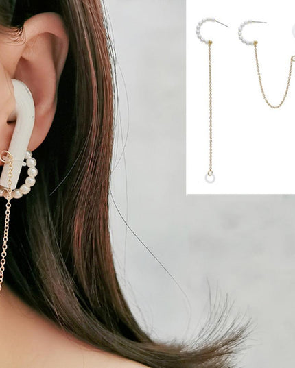 3-Piece Bluetooth Headset With Anti-Lost C-Type Earring Chain - Silver Pearl-1915197518933790725