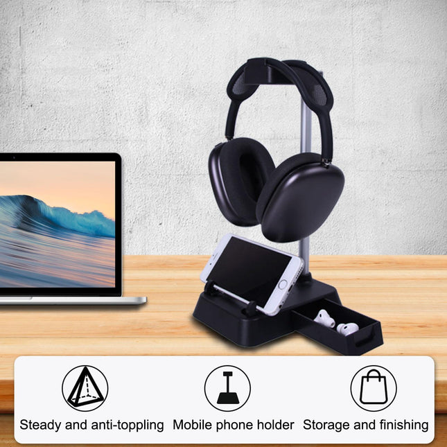 Max Hifylux Headphone Stand With Mobile Phone Holder And Storage Box - Black-1915196921895587848