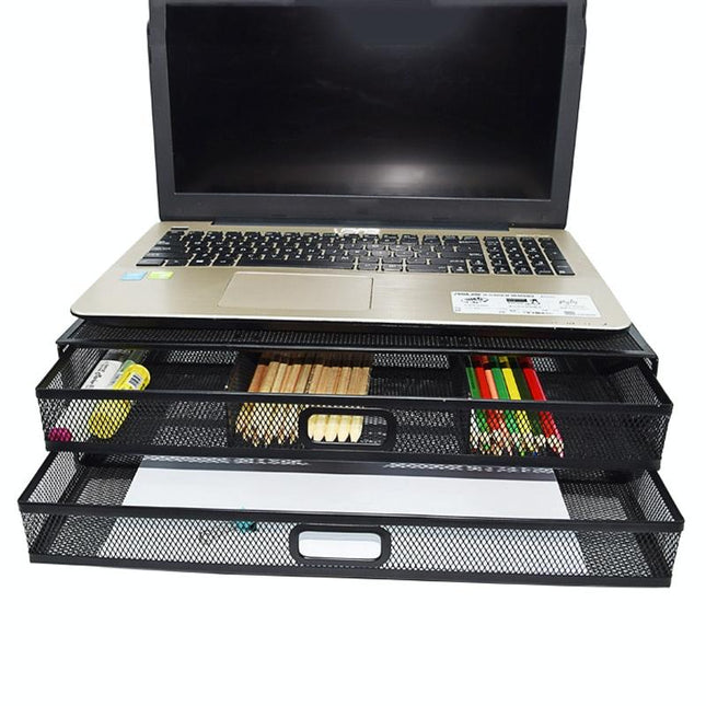 Double Iron Desktop Stand With Drawer For Height Increase And Storage - Black-1915196862160310277