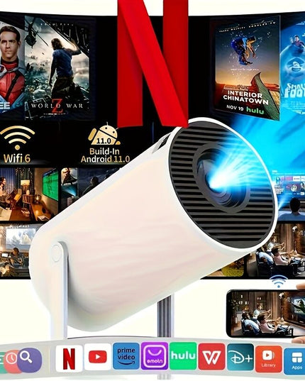 HY300 Pro mini portable projector, native 1280 * 720P support 4K / 350ANSI smart projector, with WiFi 6 BT 6.0, Screen adjustment, 180-degree rotation, home video projector with Android 11. 0 operating system built-in