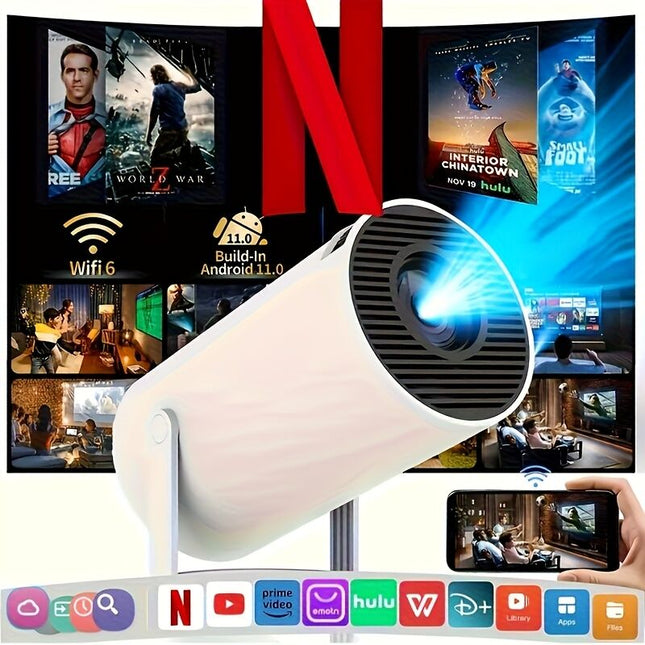 HY300 Pro mini portable projector, native 1280 * 720P support 4K / 350ANSI smart projector, with WiFi 6 BT 6.0, Screen adjustment, 180-degree rotation, home video projector with Android 11. 0 operating system built-in