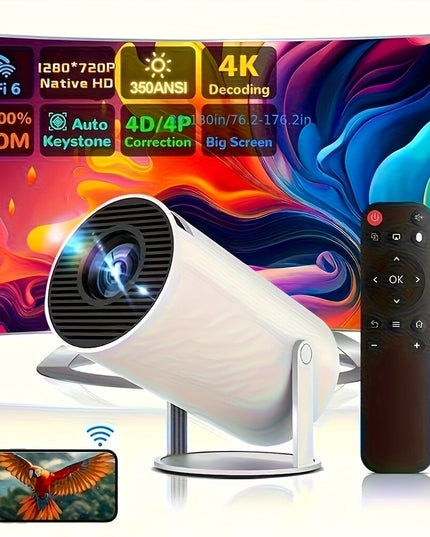 HY300 Pro mini portable projector, native 1280 * 720P support 4K / 350ANSI smart projector, with WiFi 6 BT 6.0, Screen adjustment, 180-degree rotation, home video projector with Android 11. 0 operating system built-in