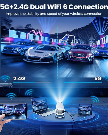 HY300 Pro mini portable projector, native 1280 * 720P support 4K / 350ANSI smart projector, with WiFi 6 BT 6.0, Screen adjustment, 180-degree rotation, home video projector with Android 11. 0 operating system built-in