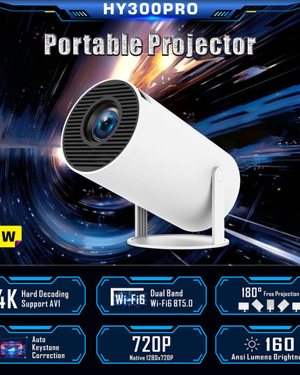 HY300PRO Portable Projector - 4K Decoding, Wi-Fi 6, 720P HD with 160 ANSI Lumens