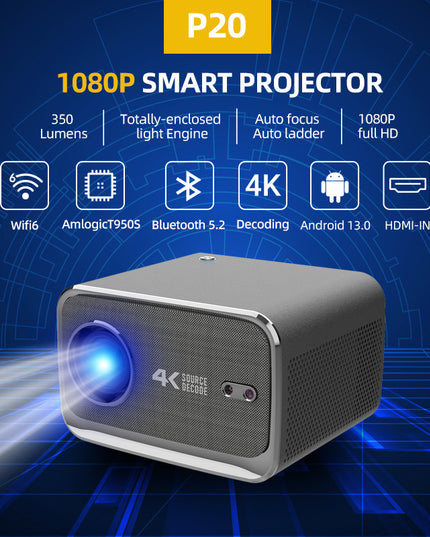 P20 1080P Smart Projector with 4K Decoding, Wi-Fi 6, Bluetooth 5.2, and Android 13.0(211.2*184.72*136.5mm)