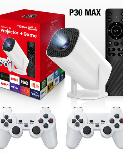 P30 Max 4K Ultra HD Projector with 3D Gaming - Includes 2 Wireless Controllers, Remote Control, and Streaming Support