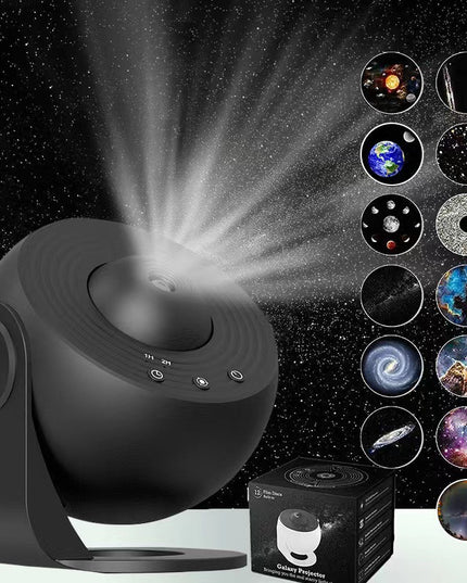 High-Definition Focusable Starry Galaxy Projector Lamp - Creative Bedroom Mood Light with 13 Film Slides (Black)